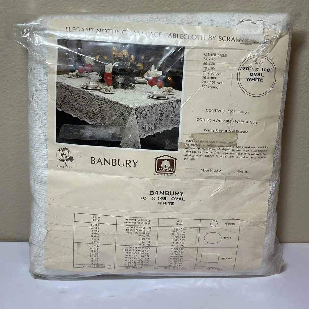 Scranton Lace Nottingham Banbury White Oval Cotton Tablecloth NOS 70x108 cottage